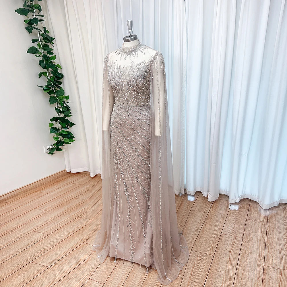 Luxury Beaded Mermaid Evening Gown | Cape Sleeve