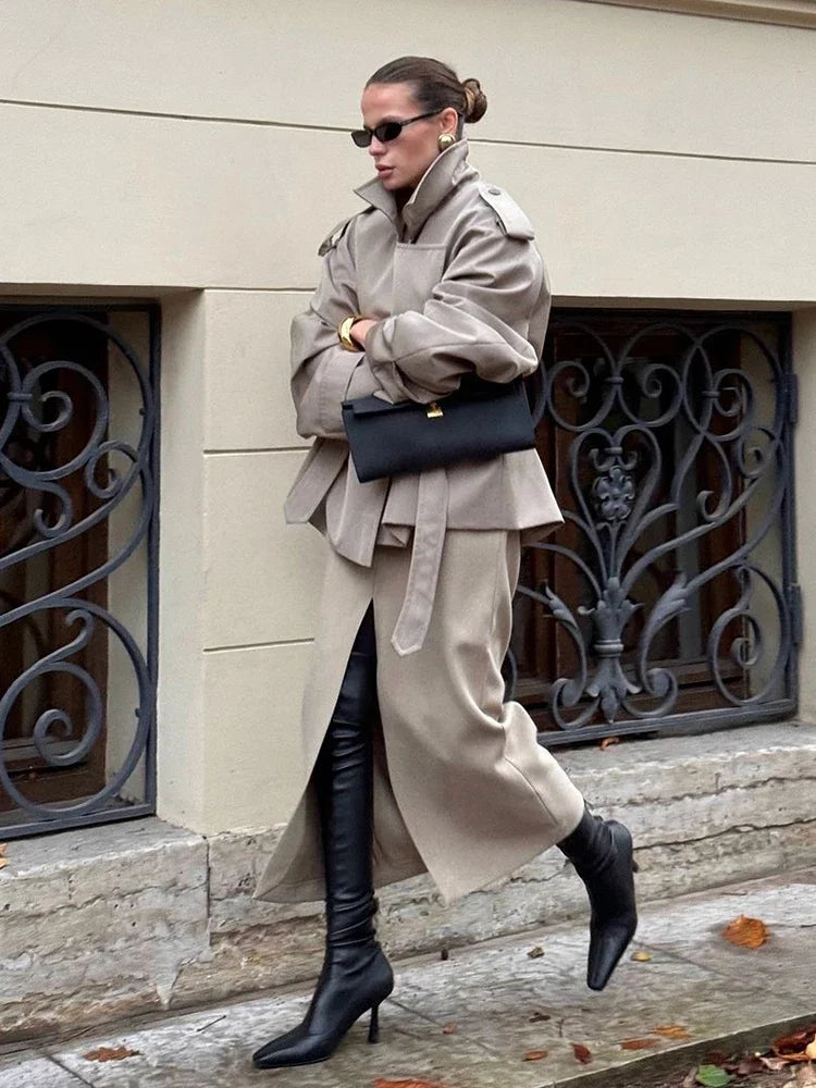 Elegant Lapel Lace-Up Overcoat