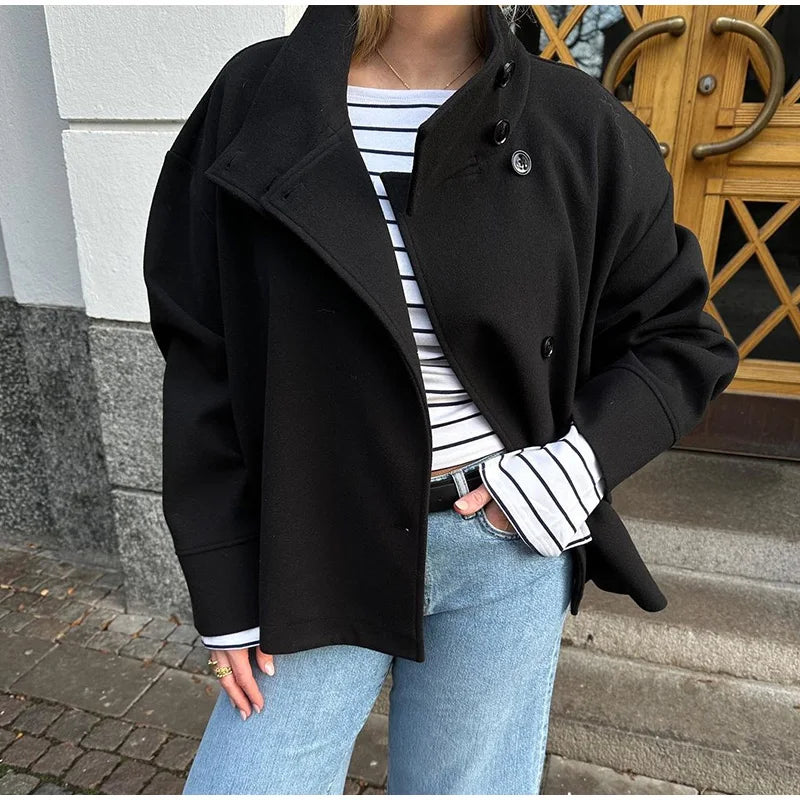 Fashion Short Woolen Coat Women Stand Collar Single-breast Full Sleeve Loose Pocket Jacket Female 2026 Autumn Solid Lady Outwear