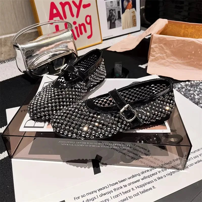 Rhinestone Mary Jane Mesh Ballet Flats