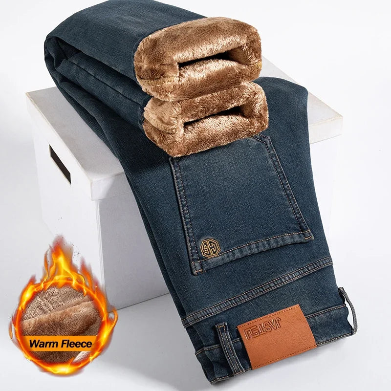 High Quality Brown Winter Jeans Men's Thickened Velvet Warm Elastic Straight Denim Pants Fashion Vintage Korean Plush Trousers