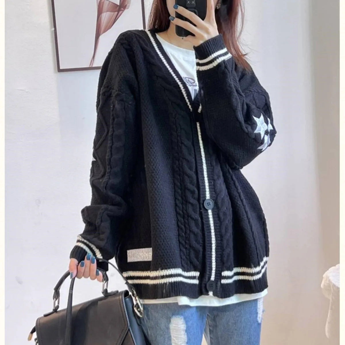 Chic Vintage Star Print Knit Cardigan - V-Neck Aesthetic Preppy Sweater