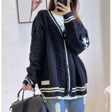 Chic Vintage Star Print Knit Cardigan - V-Neck Aesthetic Preppy Sweater