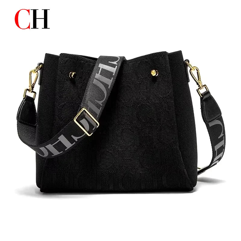 CH New Jacquard Letter Women Bucket Bag Wide Printed Strap Crossbody Purse Large Capacity Ladies Casual Daily Handbag Gift