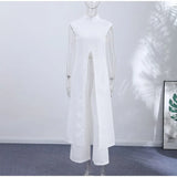 Women Pant Set Stand Collar Lace Sheer Sleeveless Split Front Top Wide Leg Solid Pant Casual Elegant Two Piece Set For Ladies