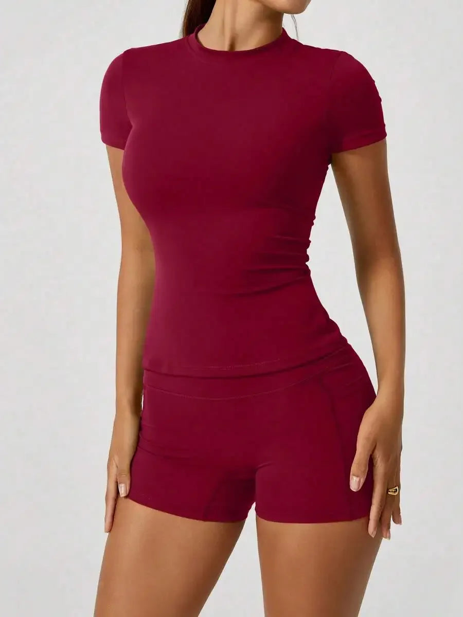 Women's Sculpting Sports Short Sleeve & High-Waist Shorts Set