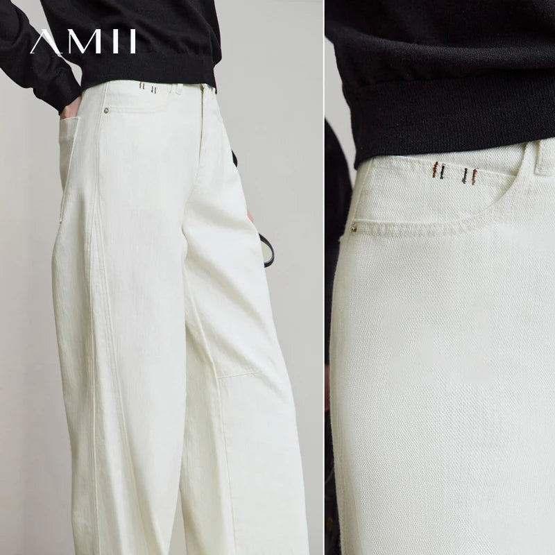 AMII Minimalist 2025 Autumn New Arrival Pants Minimalism Retro Casual Office Lady Pure Cotton Jeans Women Denim Trouser 12543141
