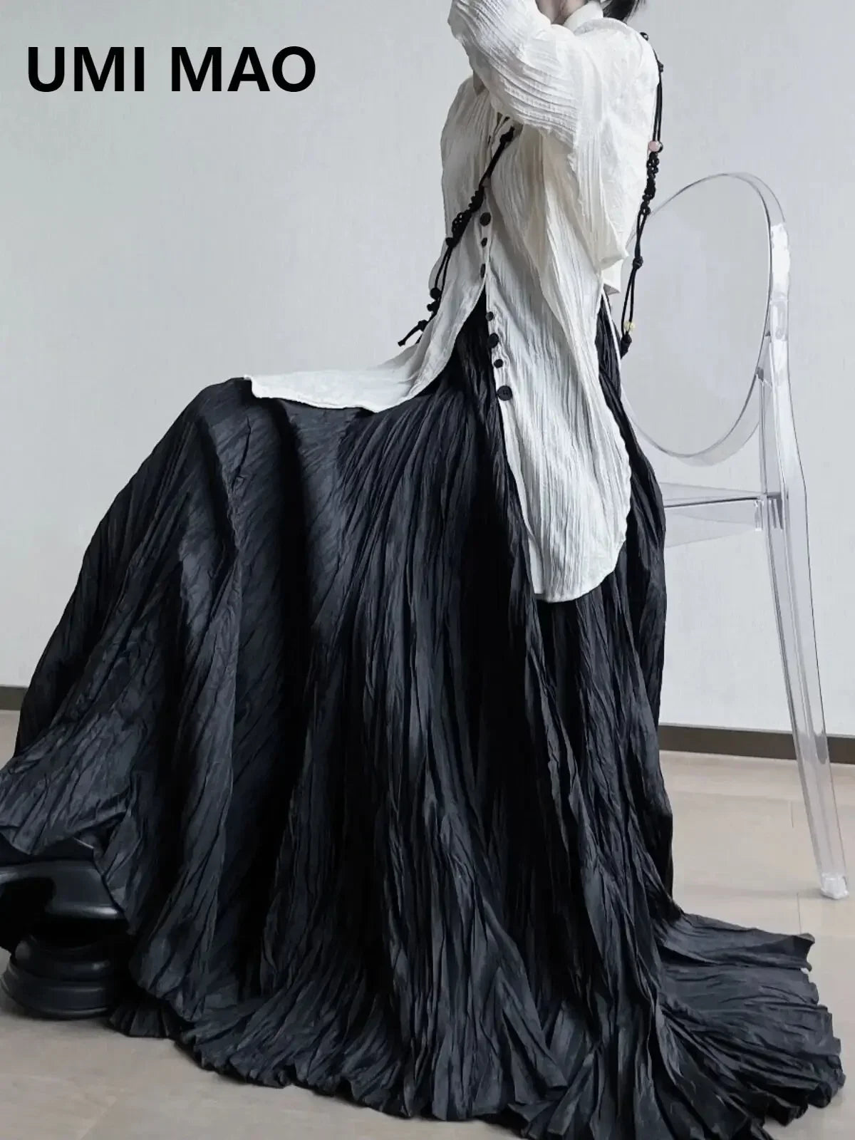 UMI MAO Irregular Fold Maxi Skirt – Elegant A-Line
