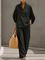 Fashion Cotton Linen  Pant Set  Women's Casual Stand Collar Button Top Wide Leg Trousers 2-piece Set Retro Female Office Suit