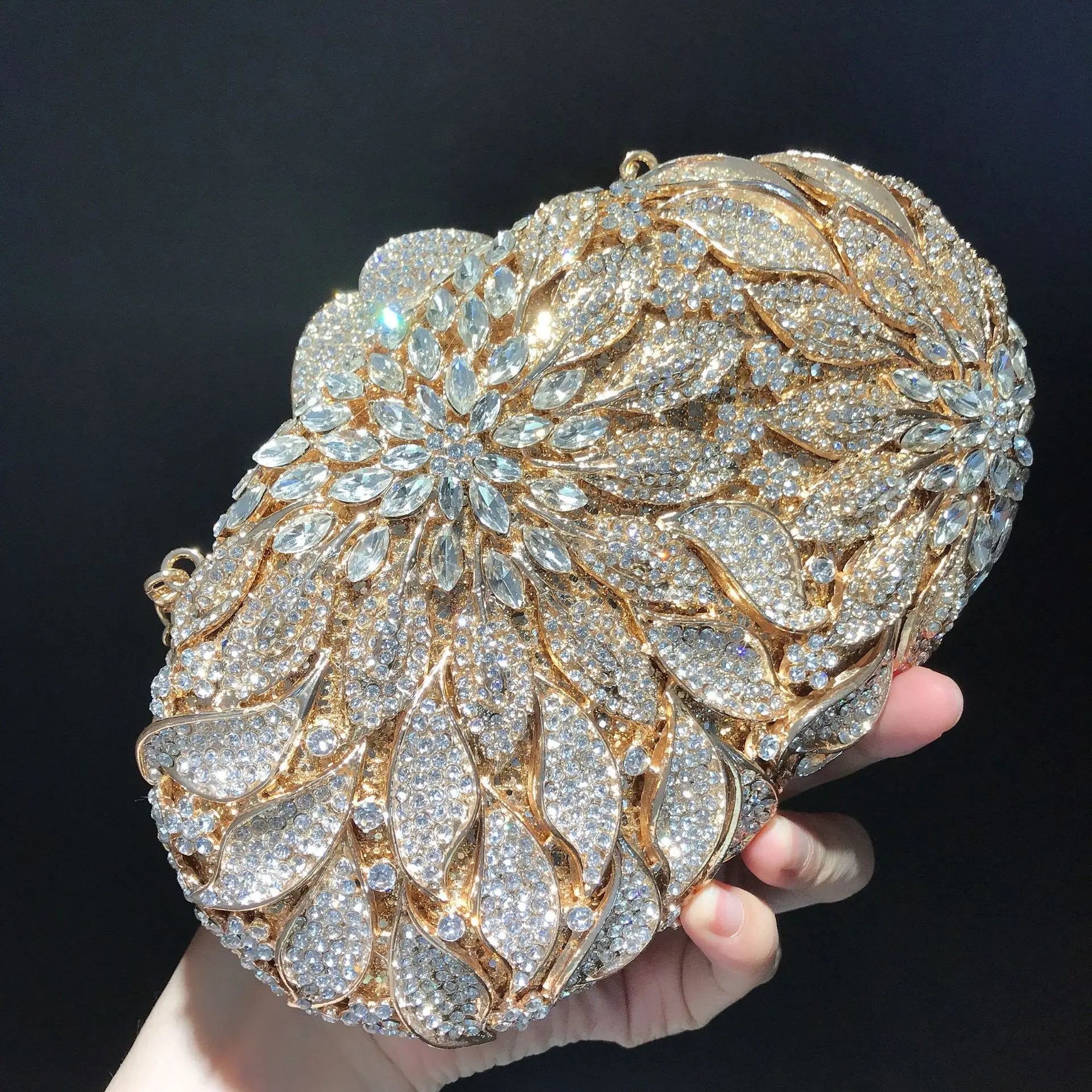 Gold Metal Leaves White Crystals Evening Clutch Bags Luxury Women Wedding Party Purse Ball Handbags Rhinestone Mini Shell Bag