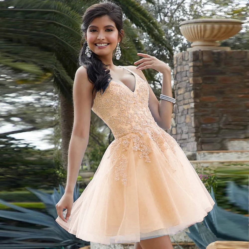 Beading V-Neck Cocktail Dress – Spaghetti Strap Mini Gown