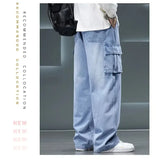 8XL Jeans New Wide Leg Washing Pants Men Trousers Neutral Solid Color Loose Casual Korean Fashion Pocket Plus Size Cargo Pant