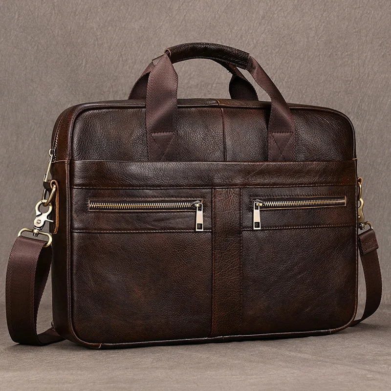Luufan Genuine Leather Men's Business Handbag 15" Laptop Briefcase Bag Male A4 Document Shoulder Message Computer Bag Work Tote