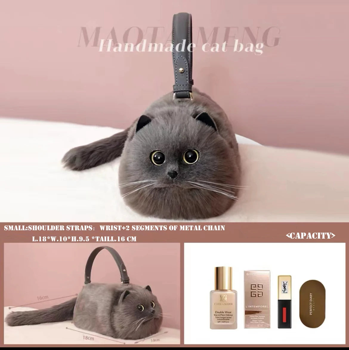 Gray Cat bag Messenger Bag versatile small and cute, fashionable bag Women's Cross bag autumn and winter design