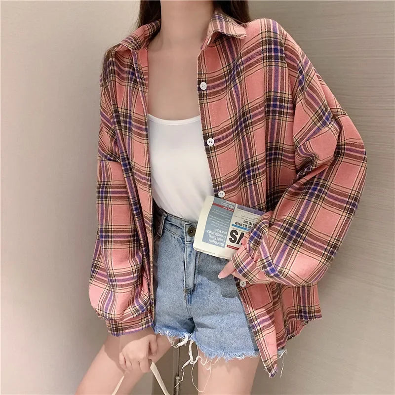 Vintage Plaid Long-Sleeve Blouse