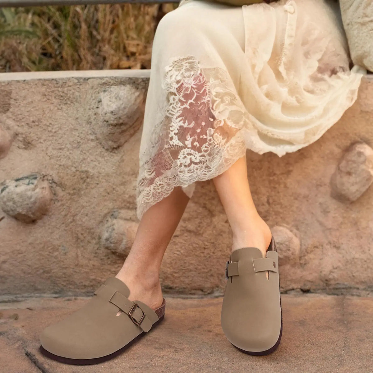 Evshine Men's Suede Clogs Fashion Leather Mules Cozy Footbed Slippers With Adjustable Buckle AntiSlip Cork Slippers Unisex Mules