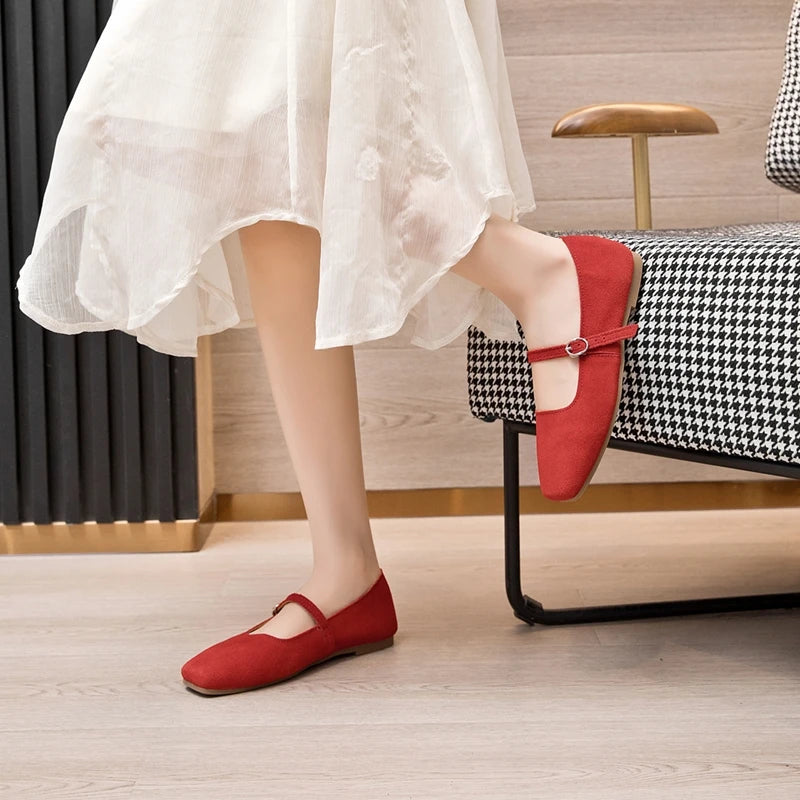 AIYUQI Women's Genuine Leather Square-Toe Ballet Flats