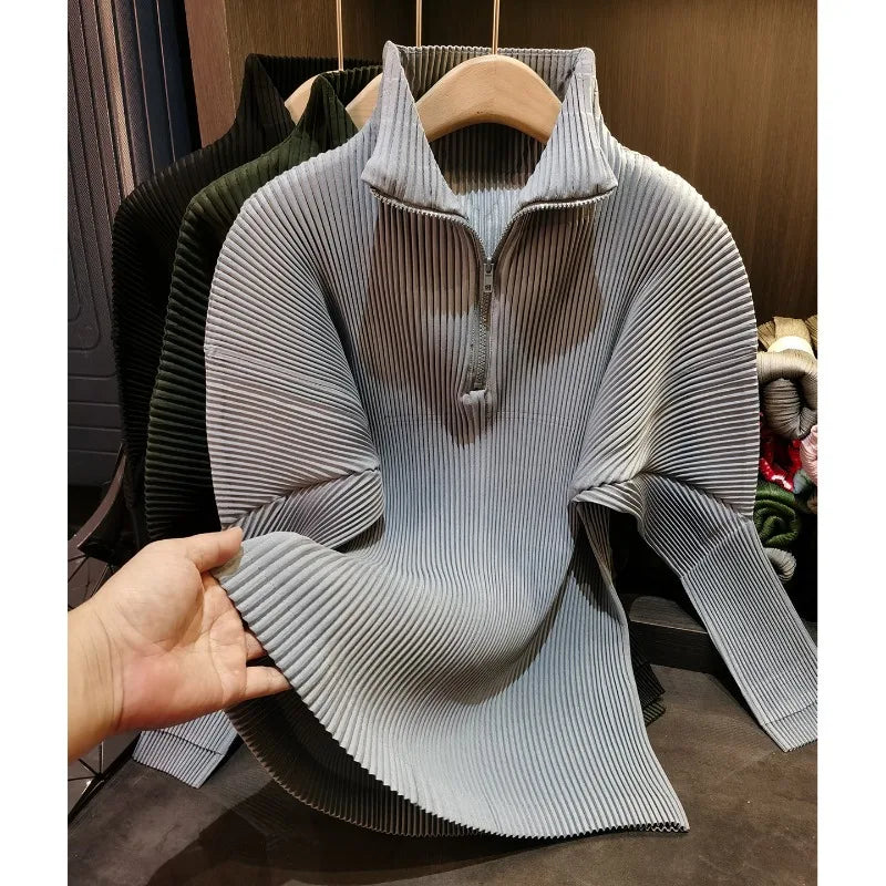 Miyake Pleated Sweatshirt Pit Stripe Zipper Standing Collar Jacket Women 2025 New Casual Pullover Hundred Pleat Skinny Tops