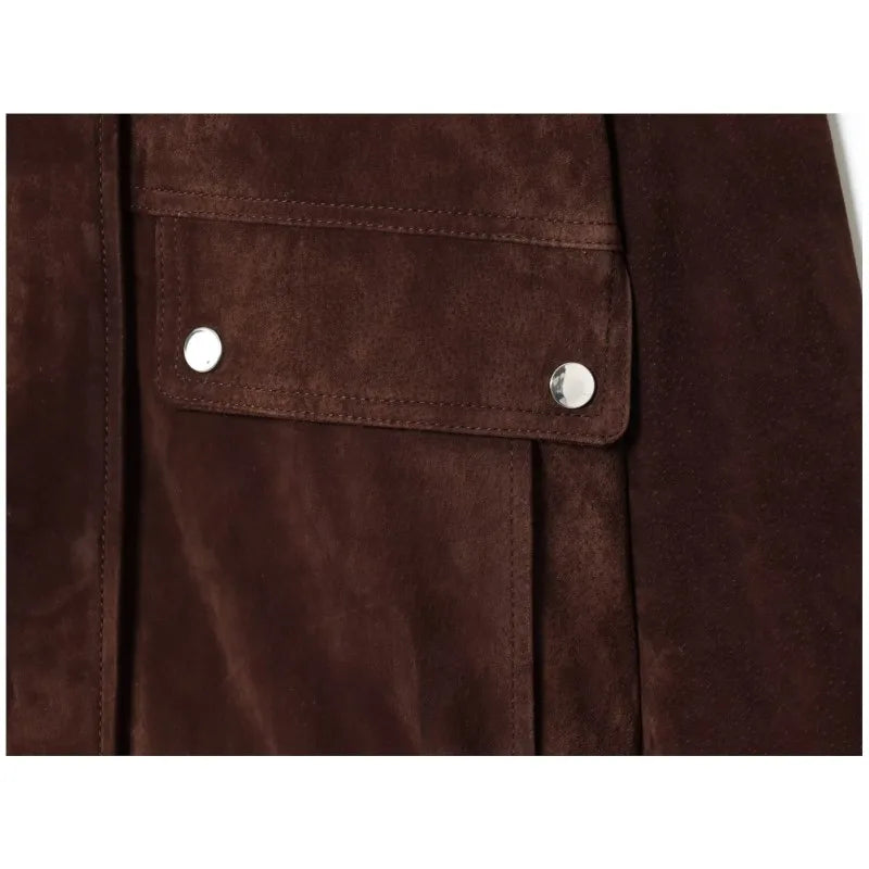 Women Suede Leather Jacket with Pockets Autumn Fashion High Collar Long Sleeve Button Jacket Lady Coats Causal Female Chic Tops