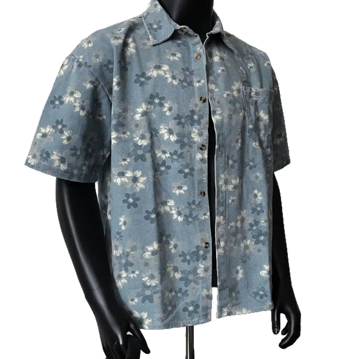 2025 Summer New Floral Short Sleeve Men's Denim Shirt Thin American Retro Layered Wear Outerwear Jacket Breathable Polyester
