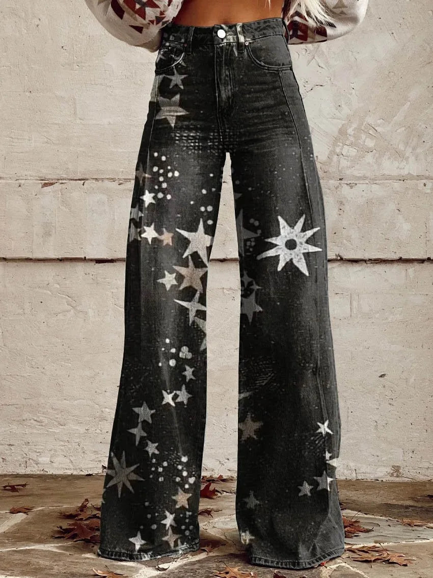 Women’s Retro Denim-Print Flared Trousers | USA Street Style Leg-Lengthening Tall Pants