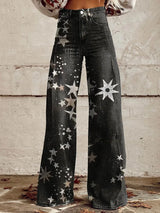 Women’s Retro Denim-Print Flared Trousers | USA Street Style Leg-Lengthening Tall Pants