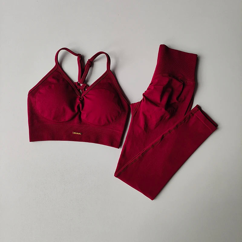 Seamless V-Neck Yoga Set – High-Waist Hip Lifting Fitness Leggings & Bra