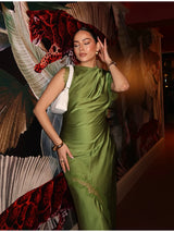 Women Elegant Green Satin Maxi Dress Lace Slit Asymmetric High Neck Draped One-sleeve Slim Fit Lgown Formal Evening Party Outfit