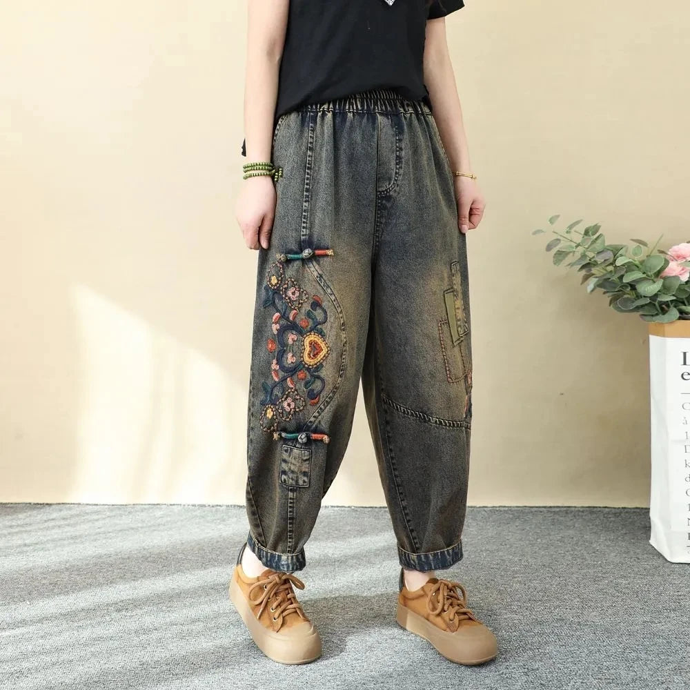Women's Retro Embroidered High-Waist Jeans