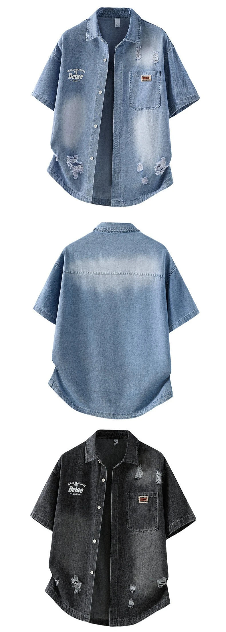 Men's Casual Black Denim Shirt Short Sleeve Loose Fit Gradient Washed RESPECT Embossed Summer Streetwear Button Up Blouse
