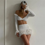 Shestyle Texture White Women 2 Piece Sets Autumn Ruffles Super Short Crop Tops V Neck Sheath Skirts Brand Design Party Outfits
