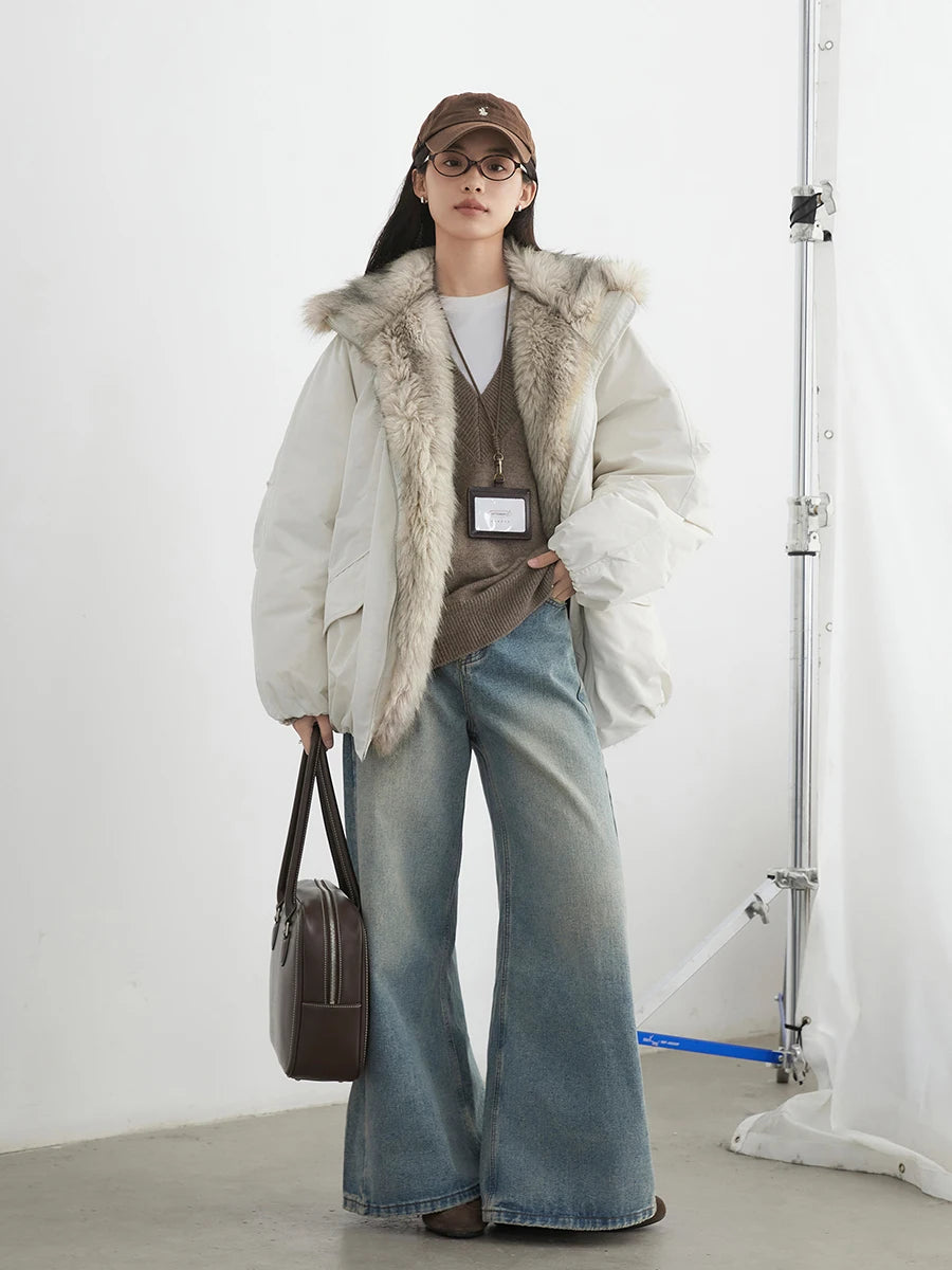 Women's Hooded Down Jacket with Faux Fur Collar