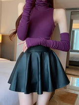High-Waist Pleated Faux Leather Mini Skirt