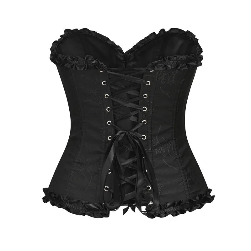 USA-Made Jacquard Ruffled Overbust Corset – Gothic Victorian Push-Up Bustier