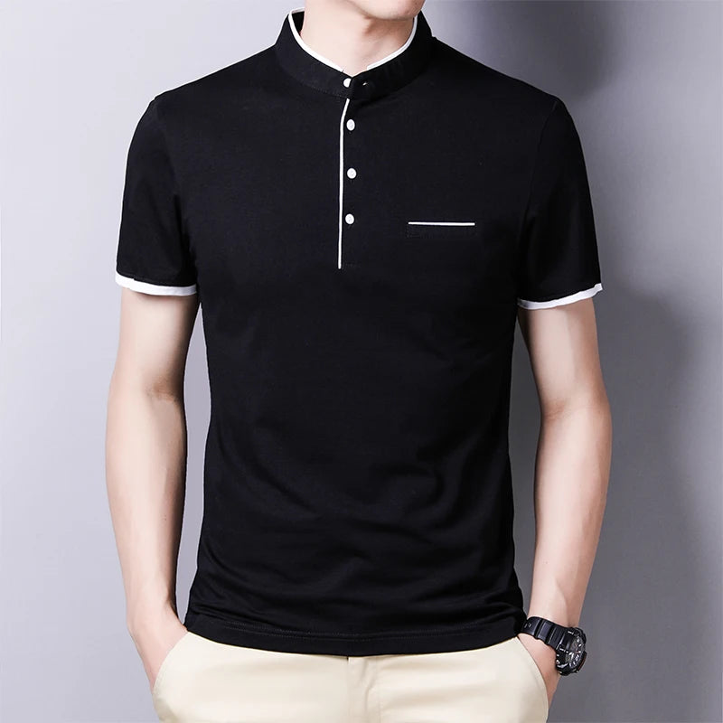 Men's Stand Collar Polo Tee – Solid, Anti-Wrinkle