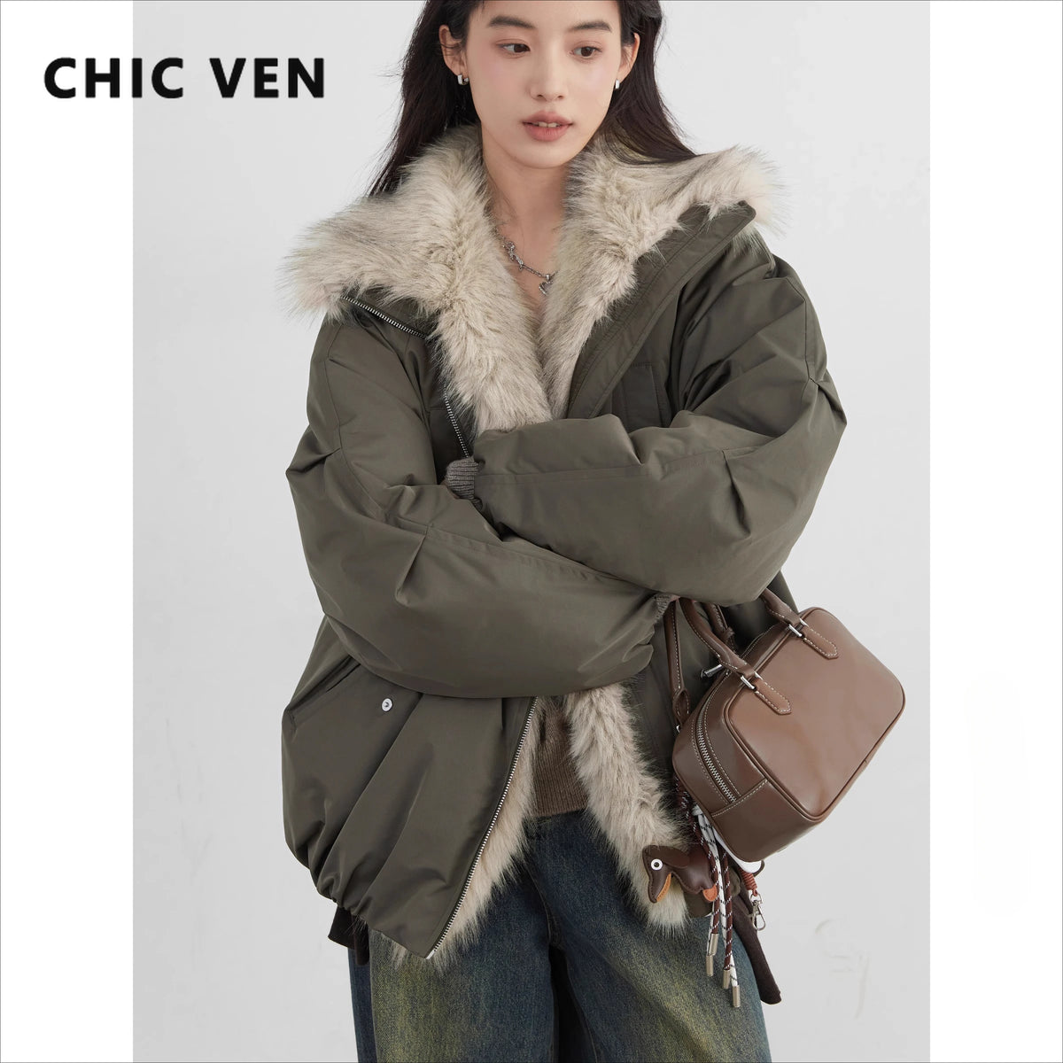 Women's Hooded Down Jacket with Faux Fur Collar