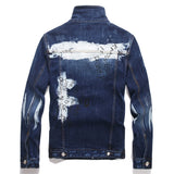 Men Graffiti Denim Jacket Casual Letters Printed Stretch Blue Jean Coat Slim Fit Lapel Collar Long Sleeve Outerwear
