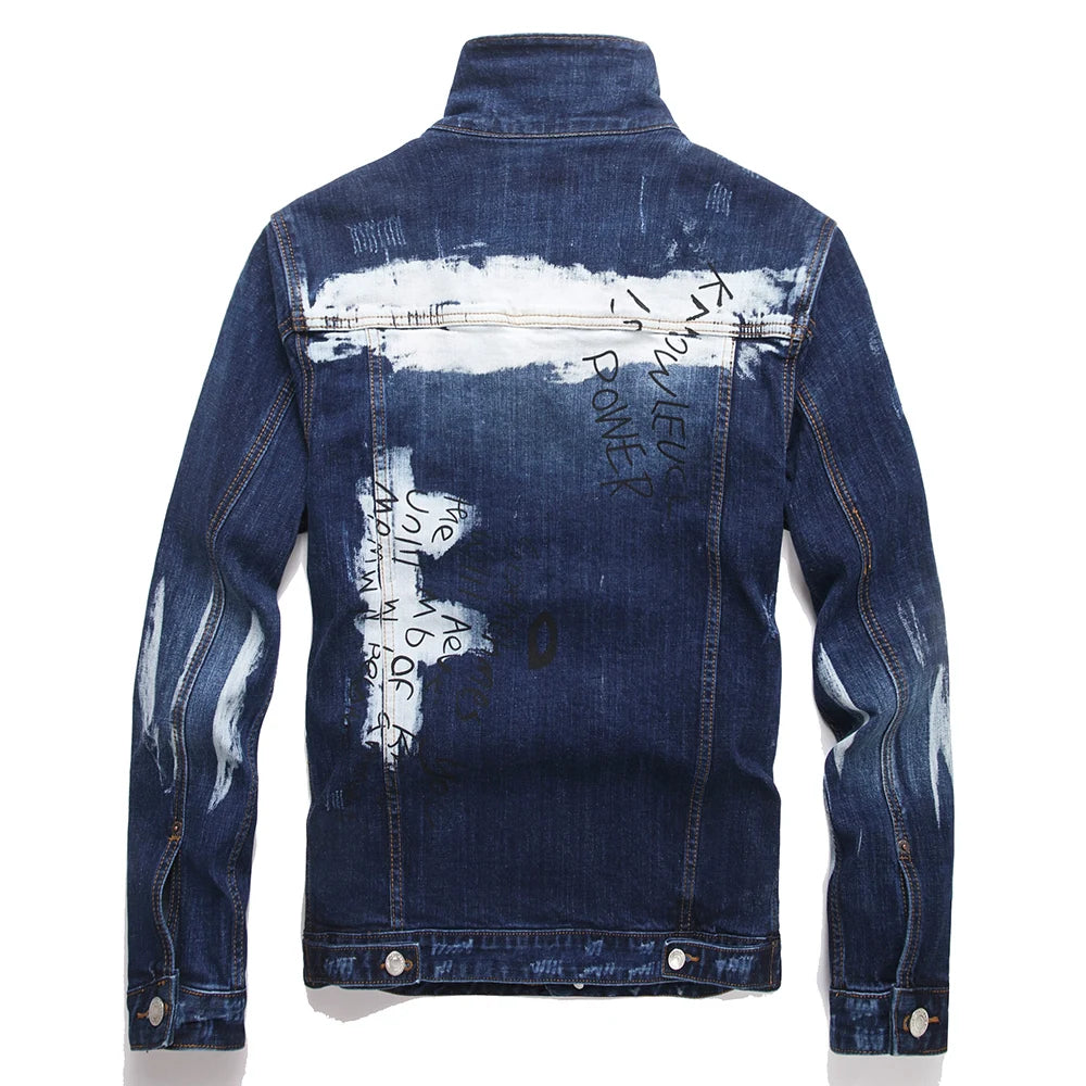Men Graffiti Denim Jacket Casual Letters Printed Stretch Blue Jean Coat Slim Fit Lapel Collar Long Sleeve Outerwear