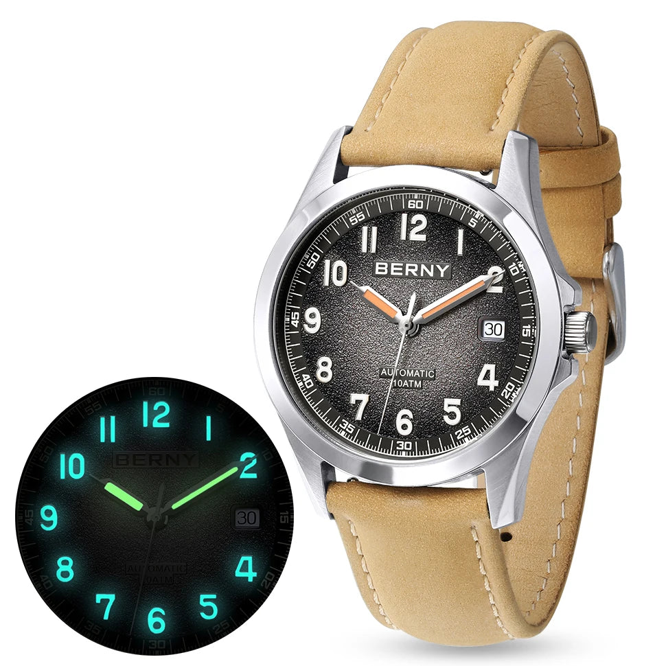 BERNY Frosted Dial Automatic Watch Men Luminous Mechanical Original ST2130 Wristwatch Sapphire Luxury Men Watch 10ATM Waterproof