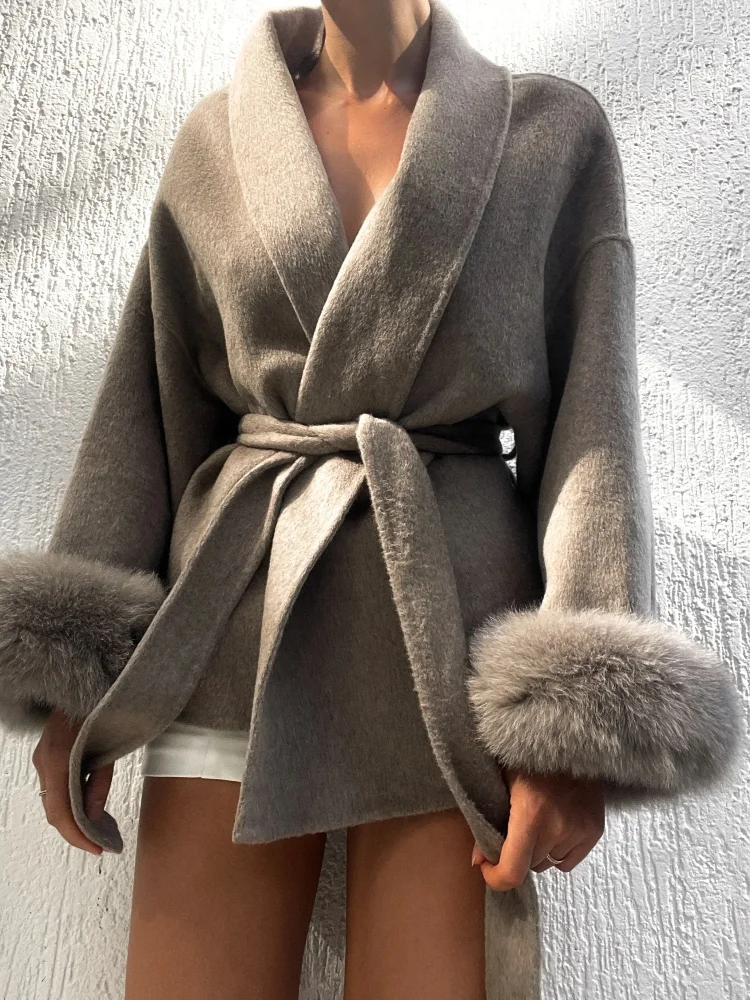 Elegant Lace-Up Woolen Short Coat