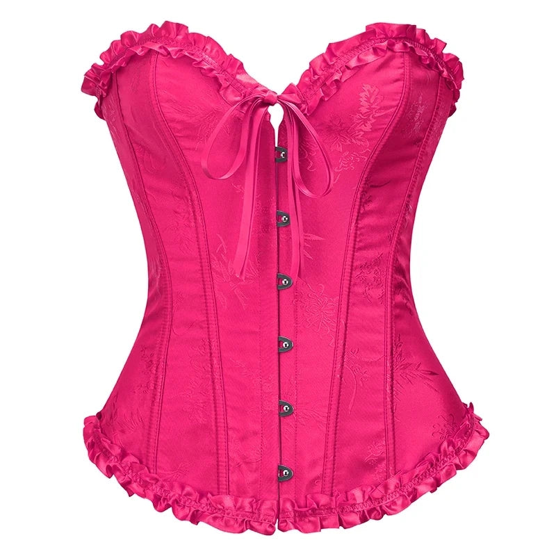 USA-Made Jacquard Ruffled Overbust Corset – Gothic Victorian Push-Up Bustier