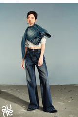 TOYOUTH Women Denim Jeans 2025 Autumn New Lycra Stretch Washed Wide Leg Straight Long Pants