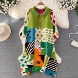 Miyake Pleated Drape Dress – Colorblock Print, 3/4 Sleeve