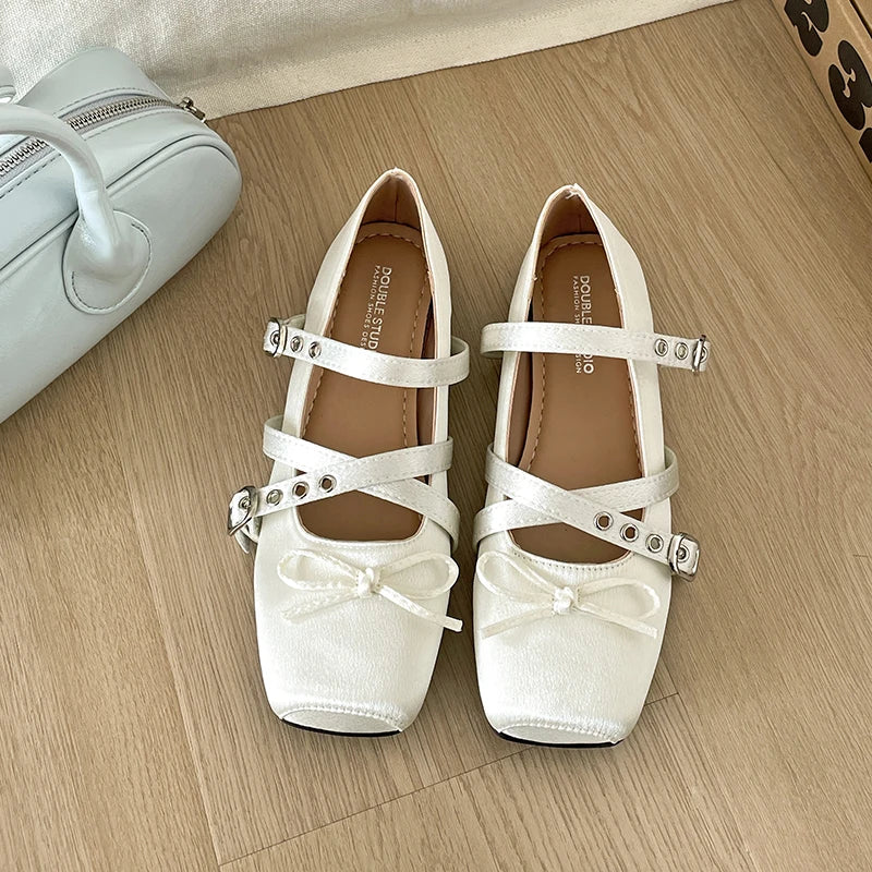 Butterfly Knot Ballet Flats – Elegant Square Toe Women's Flat Shoes