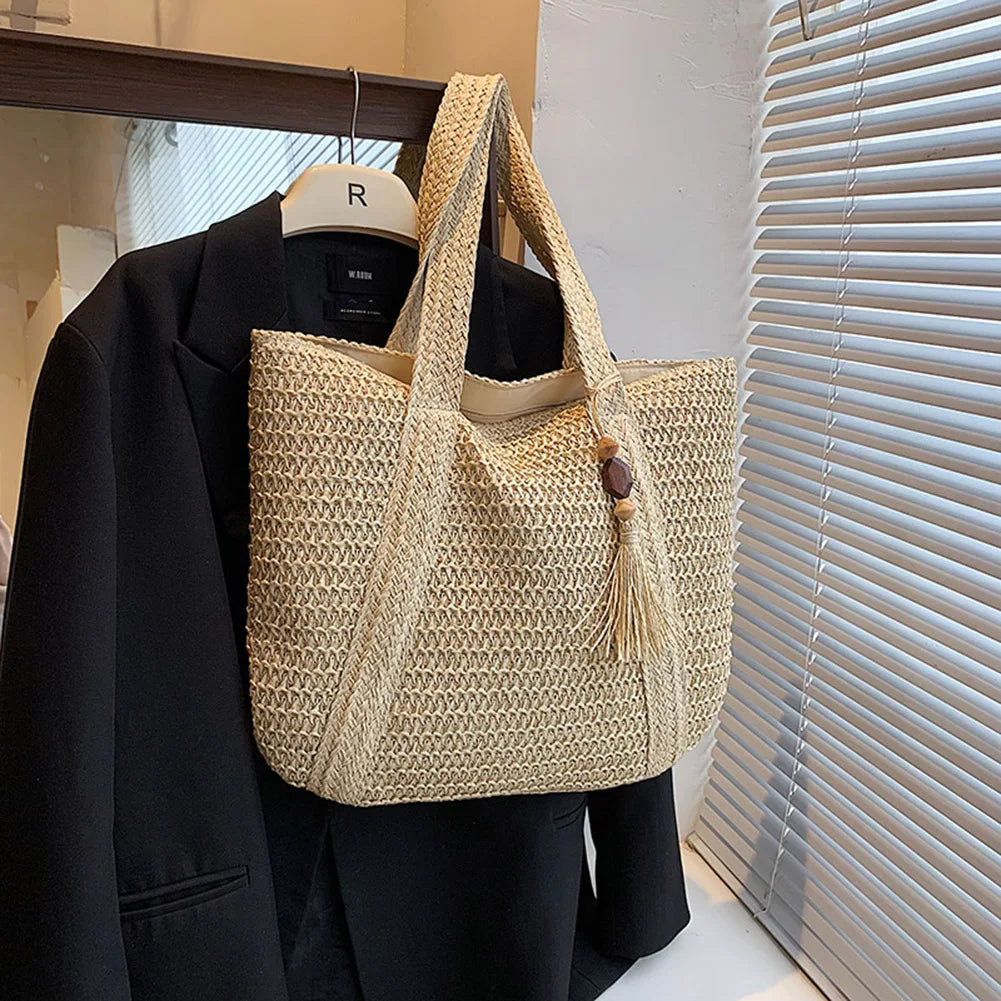Woven Handbags Ladies Summer Woven Totes Bag with Tassel Women Shoulder Bag Large Capacity Fashion Straw Female Shopper Bag