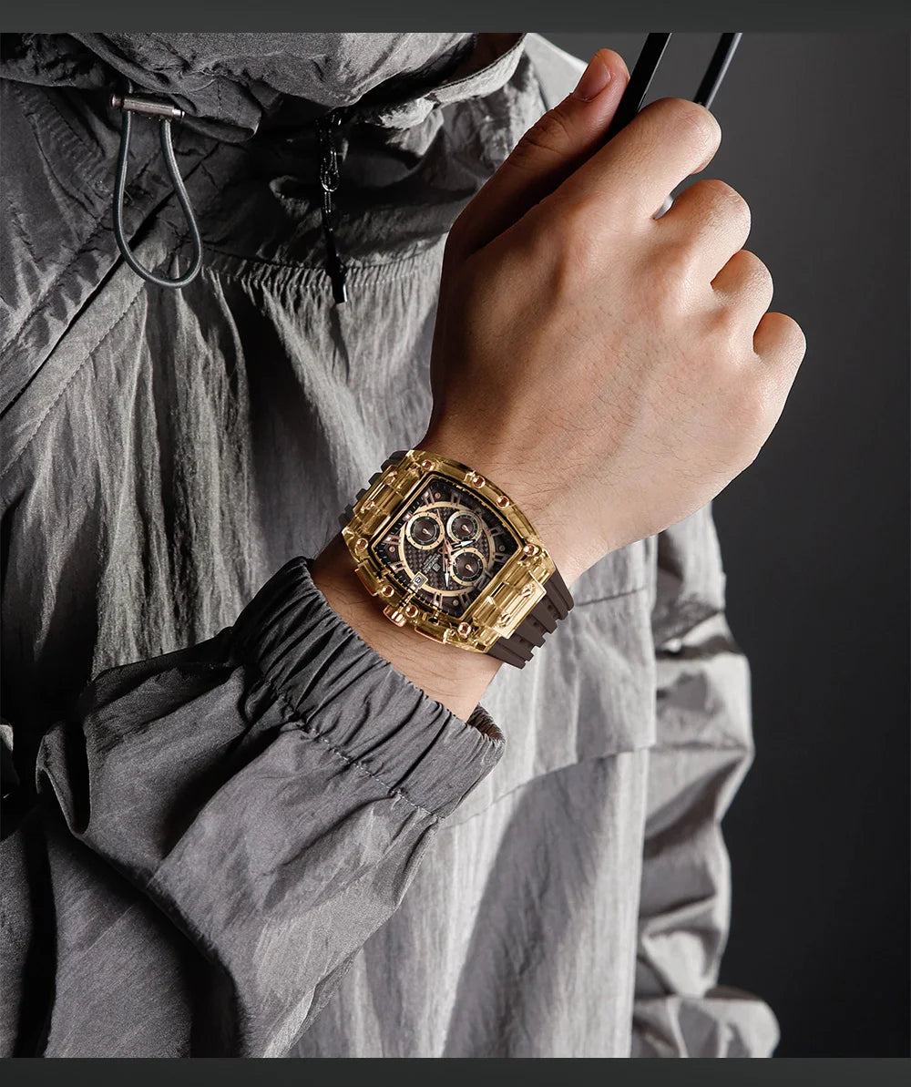 Men's Sport Chronograph – Waterproof Silicone Strap Tonneau Watch