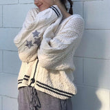Chic Vintage Star Print Knit Cardigan - V-Neck Aesthetic Preppy Sweater