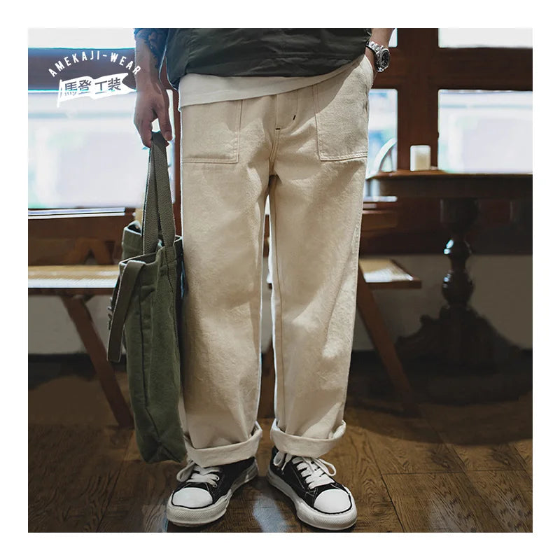 Maden Vintage 11.2oz White Cottonseed Hull Jeans Casual Loose Fit Straight Trousers for Men's Spring and Fall Chino Cargo Pants