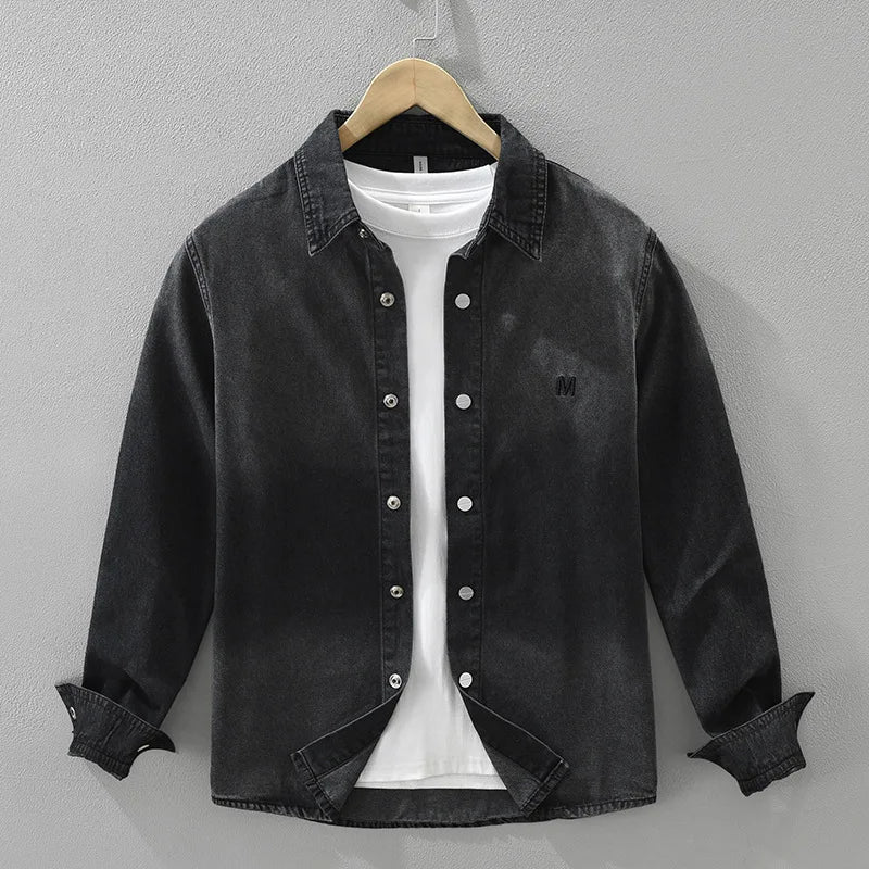 2025 Autumn New Letter-embroidered Vintage Washed Long Sleeve Denim Shirt for Men Clothing Cotton Versatile Streetwear CM7738