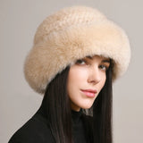Genuine Knitted Mink Fur Hat with Fox Fur Brim